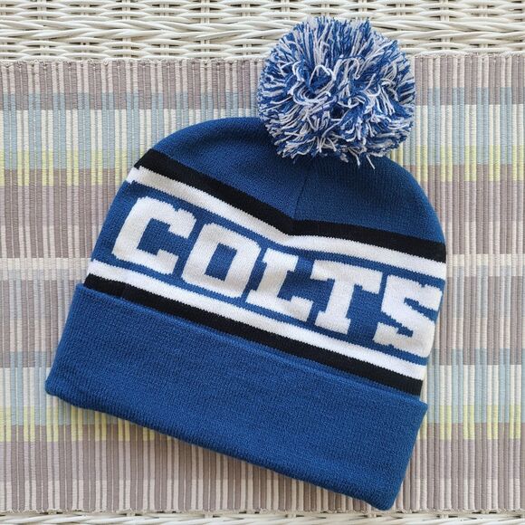Indianapolis Colts NFL Lucas Oil Beanie Knit Cap With Pom Horseshoe Blue & White - Picture 3 of 8